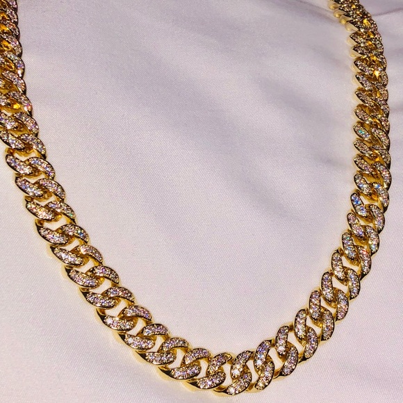 10k yellow gold vermeil Cuban link heavy chain for men, simulated diamonds Sale - Picture 5 of 8